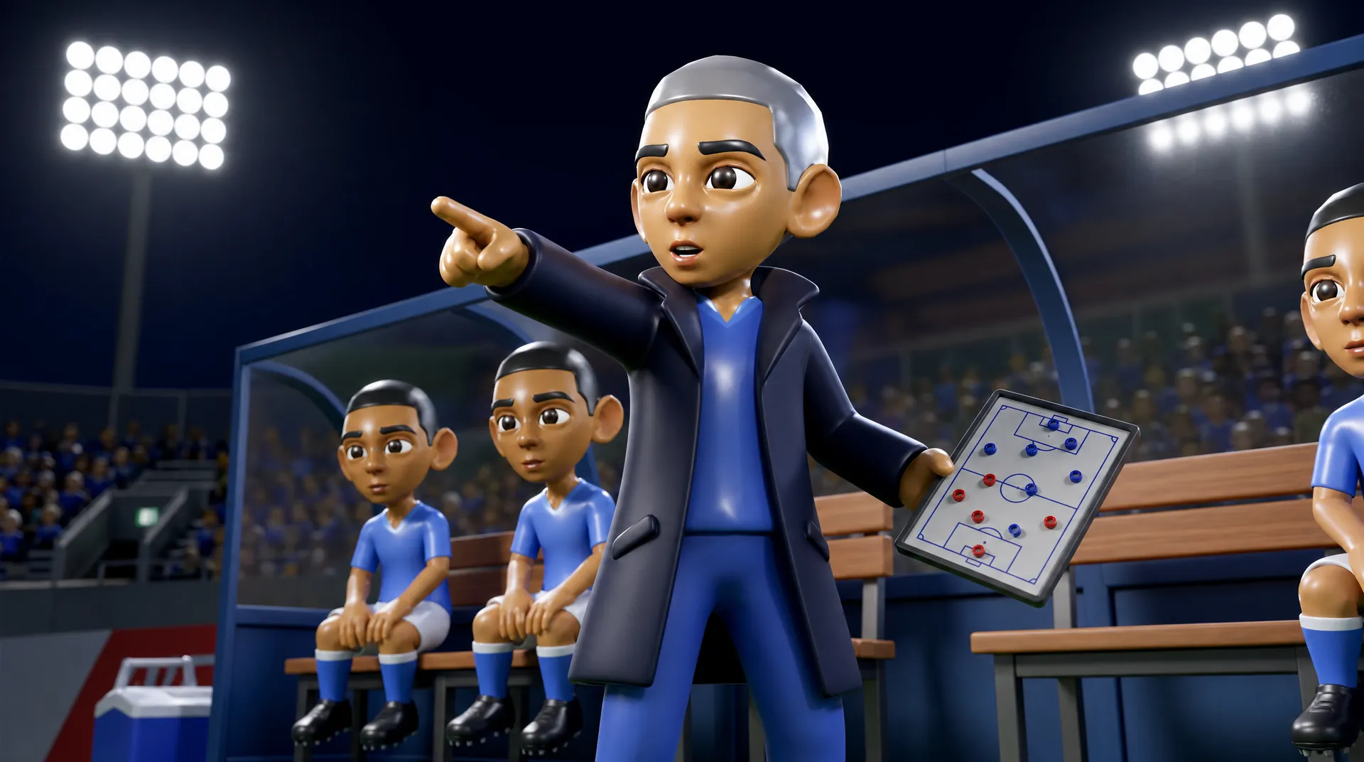 A ClawFC manager in a long navy coat points across the pitch from the dugout, tactics board in hand, with two substitutes on the bench under the floodlights.