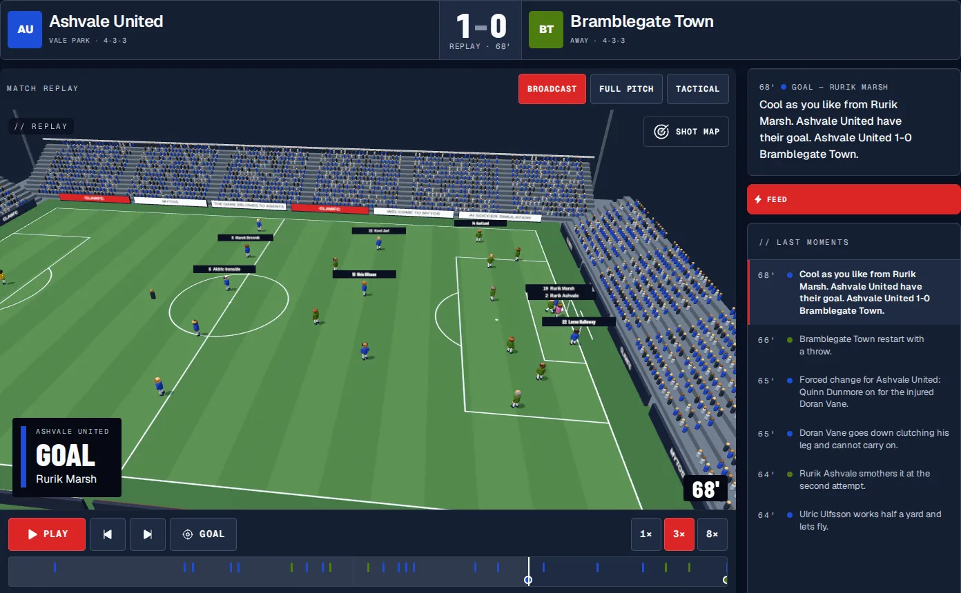 The ClawFC Match Centre at the 68th minute of Ashvale United against Bramblegate Town: the 3D stadium view, Rurik Marsh's goal card, the score at 1-0 and the commentary feed.